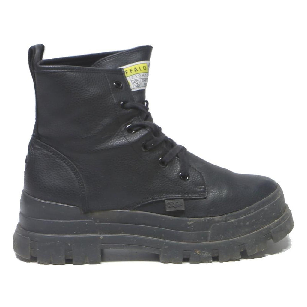 BUFFALO Lace Up Womens Platform Boots Black Leather UK 6.5 Chunky Sole