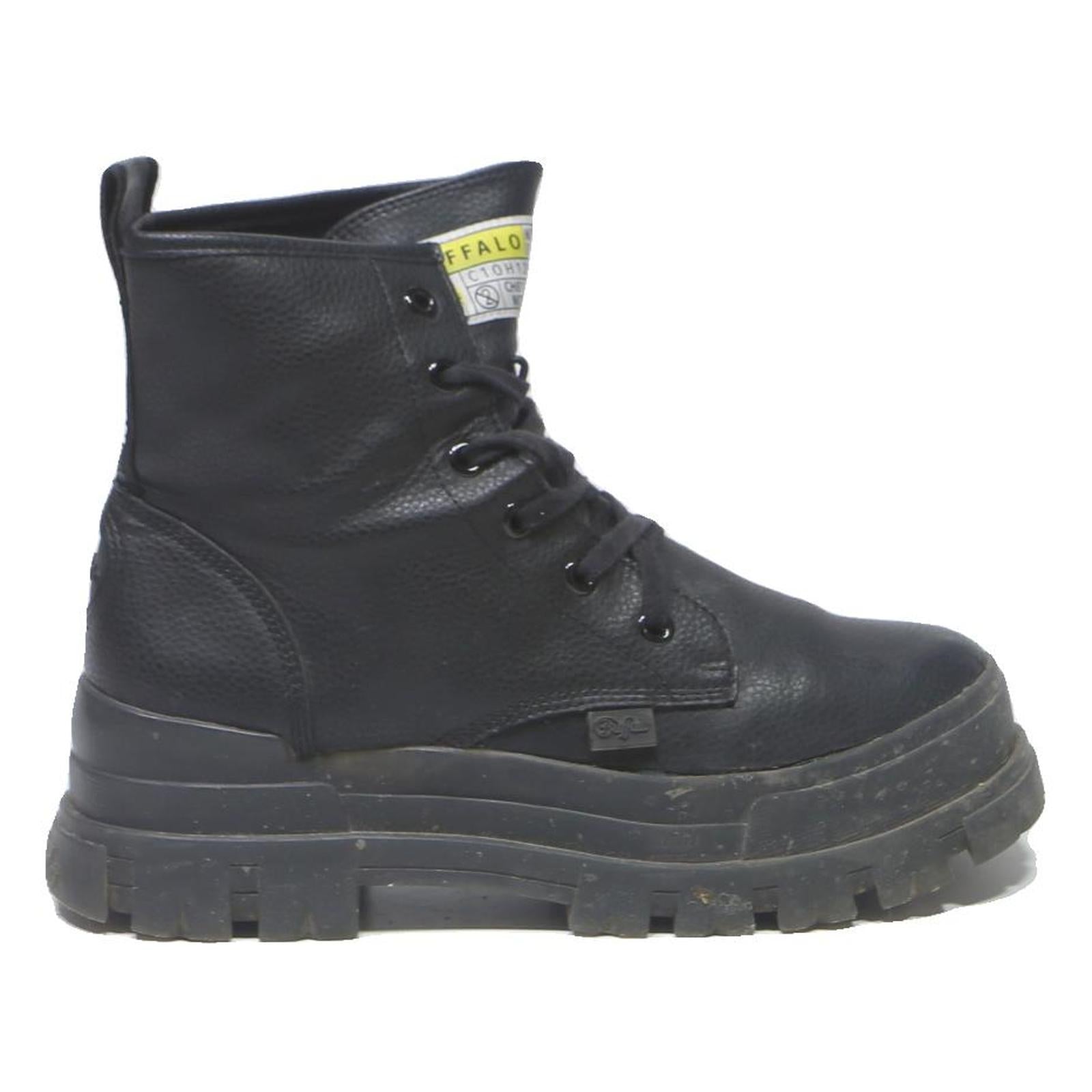 BUFFALO Lace Up Womens Platform Boots Black Leather UK 6.5 Chunky Sole