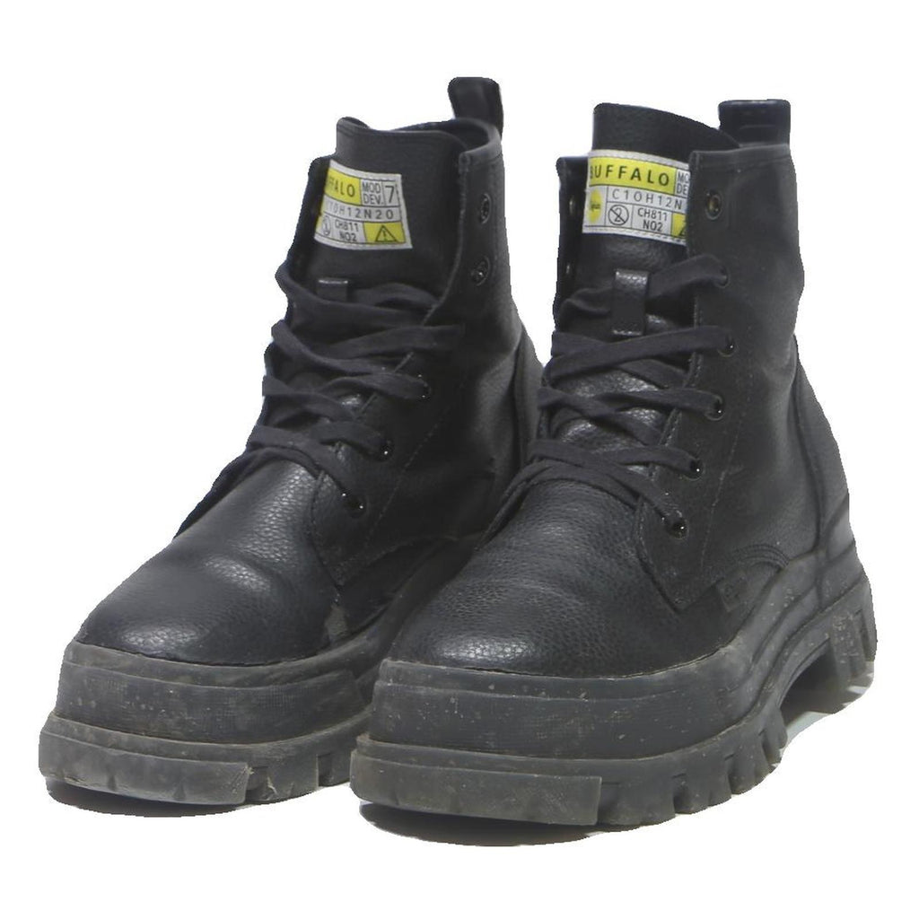 BUFFALO Lace Up Womens Platform Boots Black Leather UK 6.5 Chunky Sole