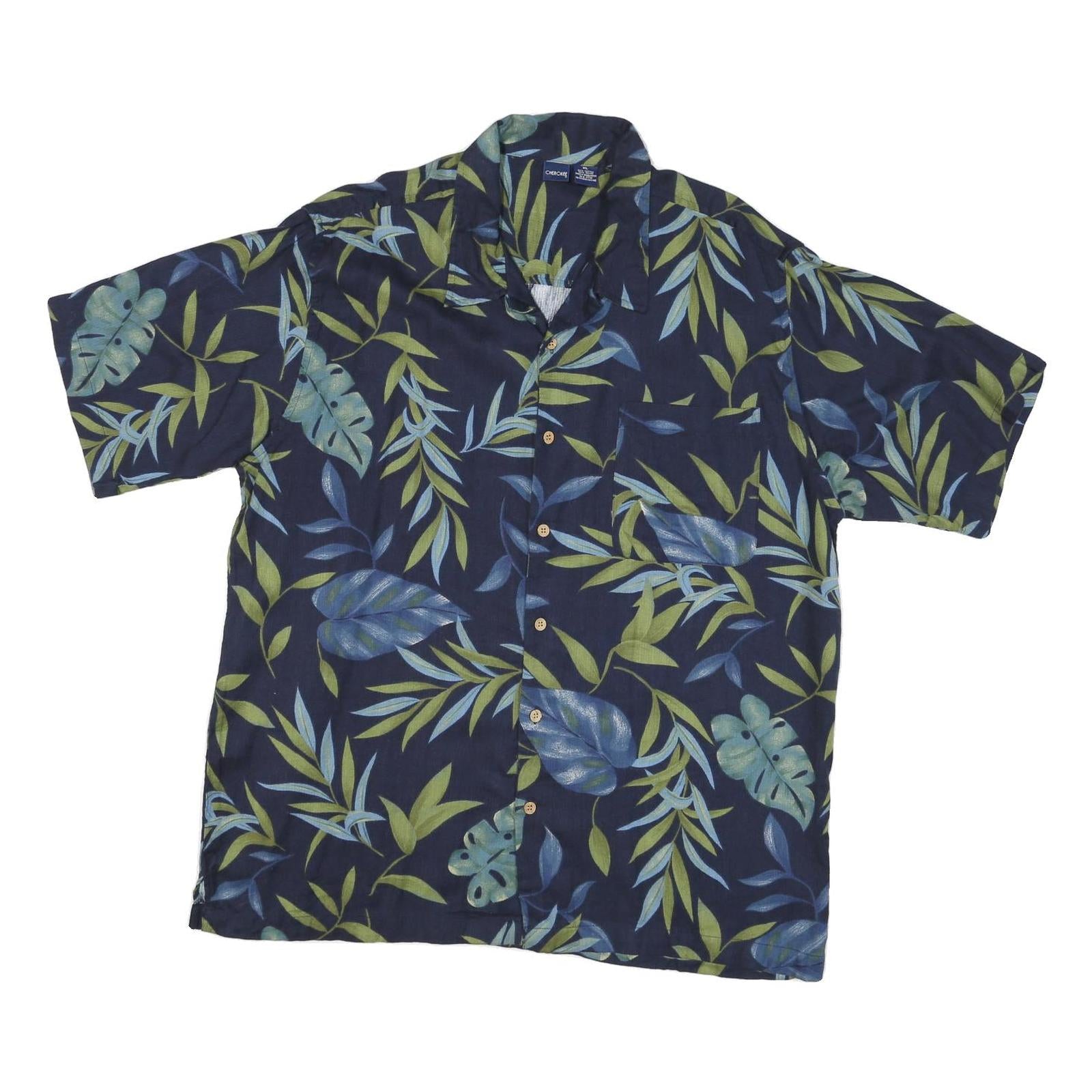 CHEROKEE Mens Blue & Green Leaf Pattern Rayon Shirt XL Short Sleeve Casual