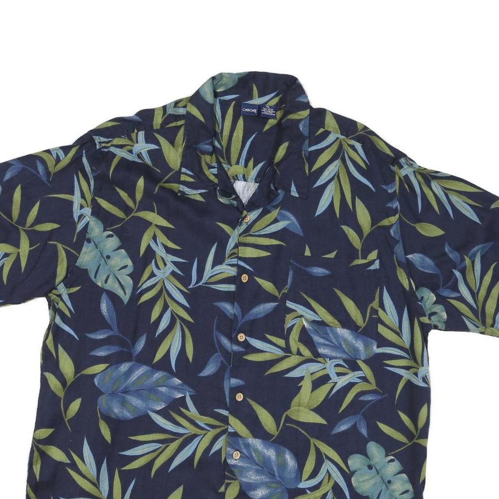 CHEROKEE Mens Blue & Green Leaf Pattern Rayon Shirt XL Short Sleeve Casual