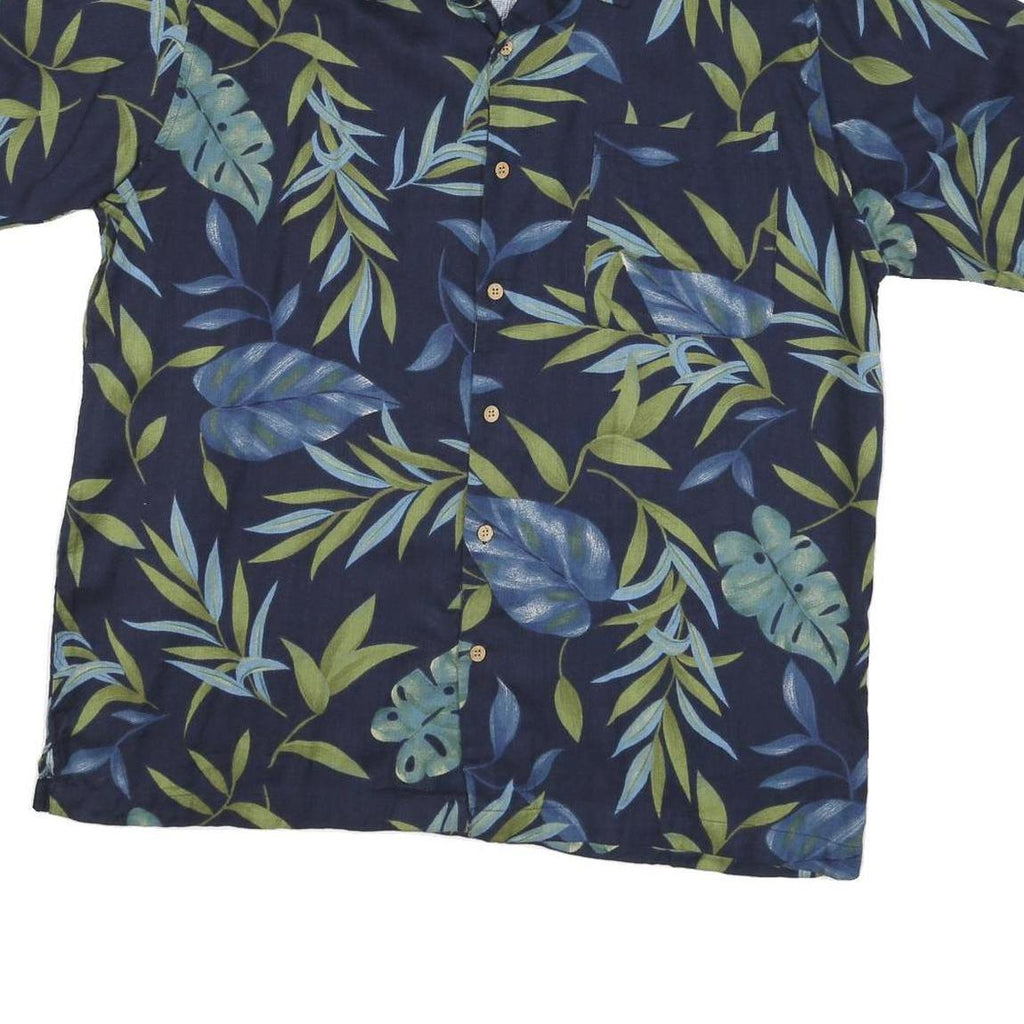 CHEROKEE Mens Blue & Green Leaf Pattern Rayon Shirt XL Short Sleeve Casual