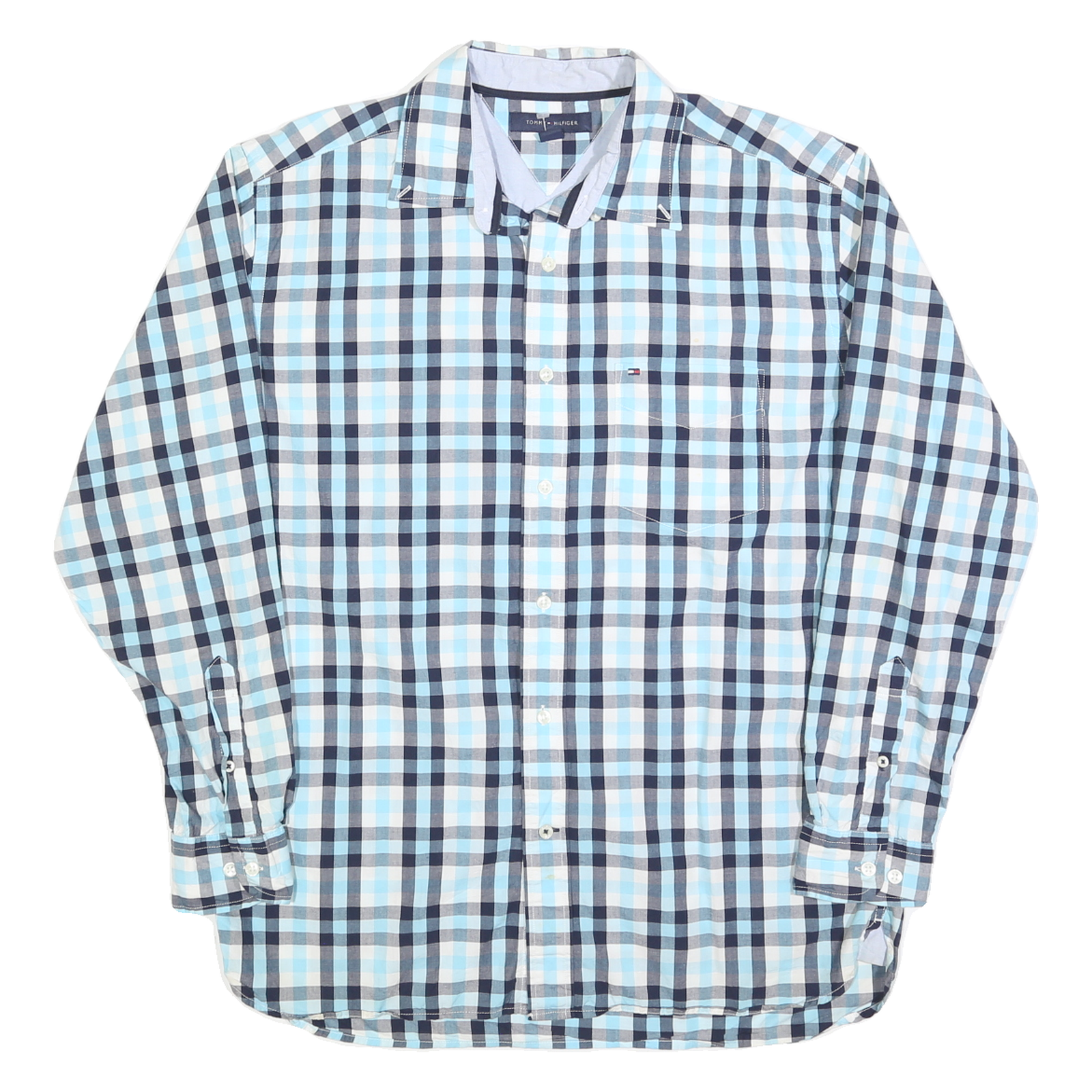 TOMMY HILFIGER Mens Blue & White Check Shirt M Classic Cotton Blend Button Down