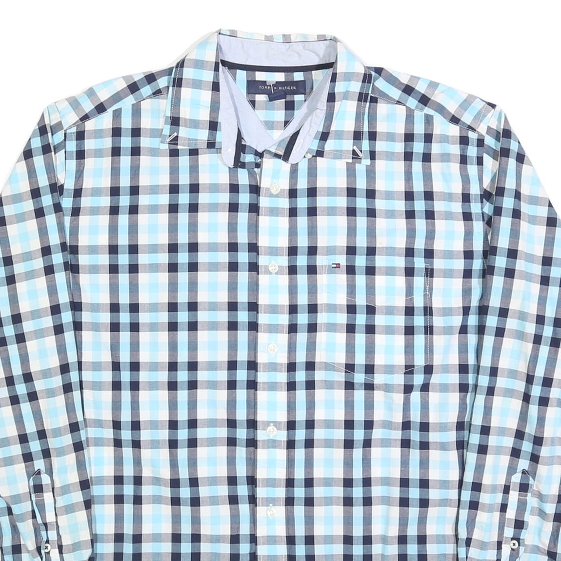 TOMMY HILFIGER Mens Blue & White Check Shirt M Classic Cotton Blend Button Down