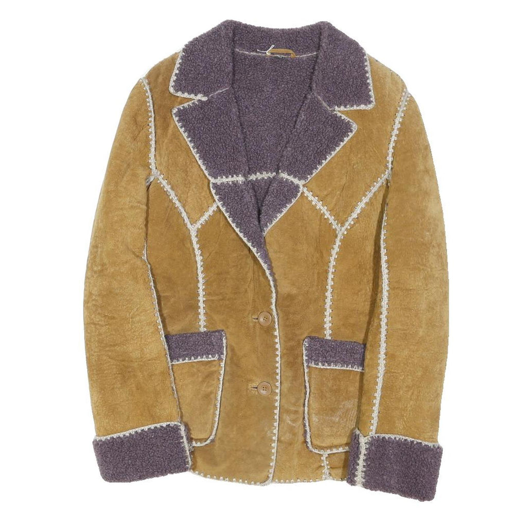 OIPMY Womens Beige & Purple Leather Button Jacket XS Shearling Patchwork