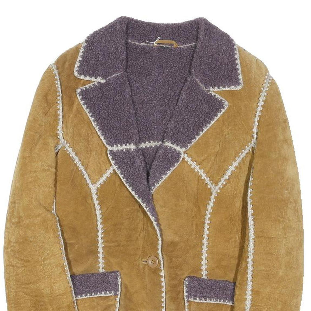 OIPMY Womens Beige & Purple Leather Button Jacket XS Shearling Patchwork