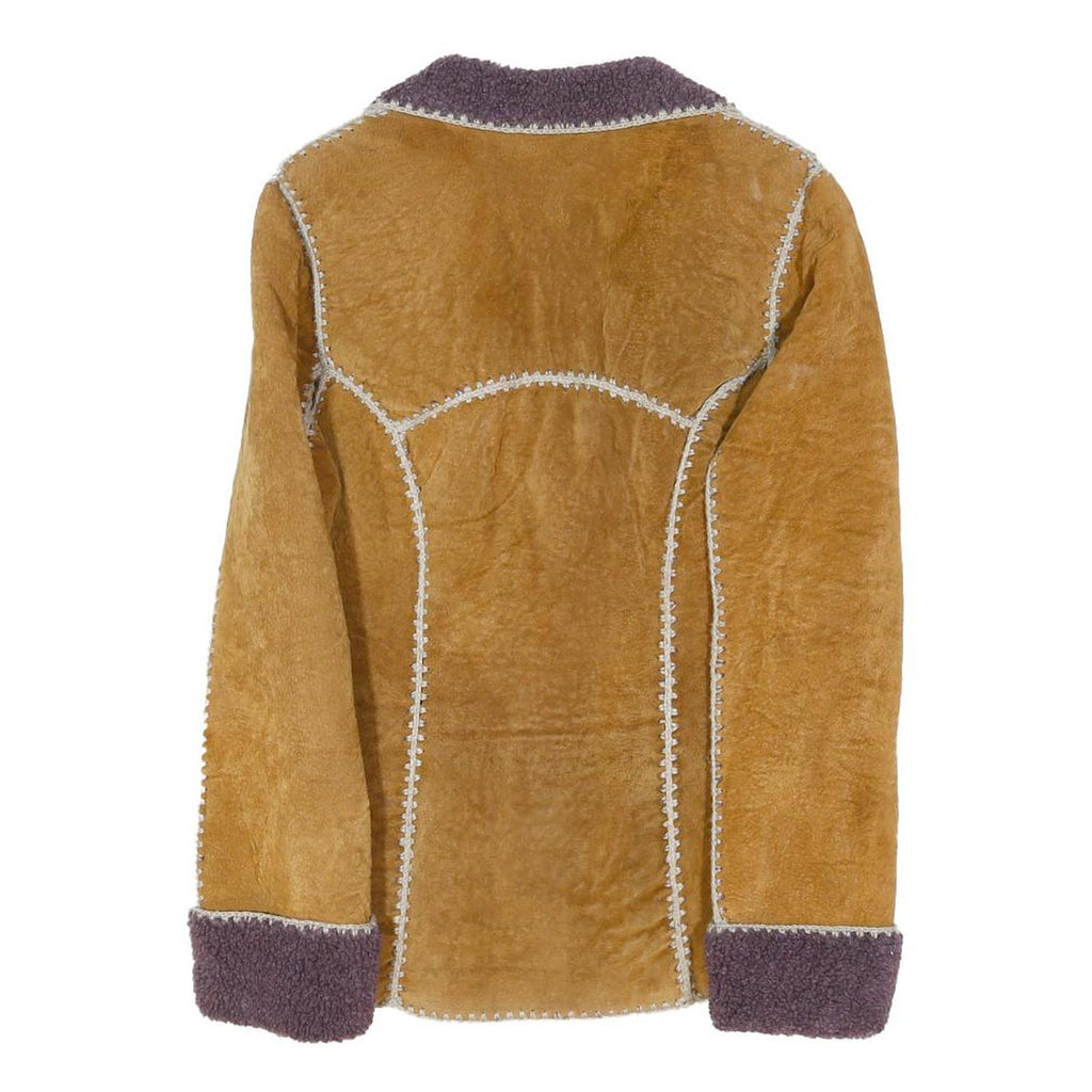 OIPMY Womens Beige & Purple Leather Button Jacket XS Shearling Patchwork