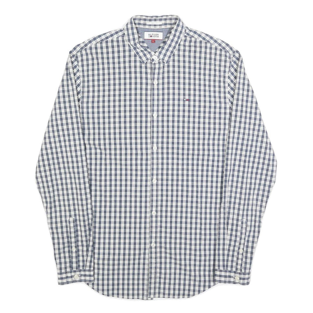 TOMMY HILFIGER Mens Blue & White Check Shirt L Classic Cotton Blend Casual