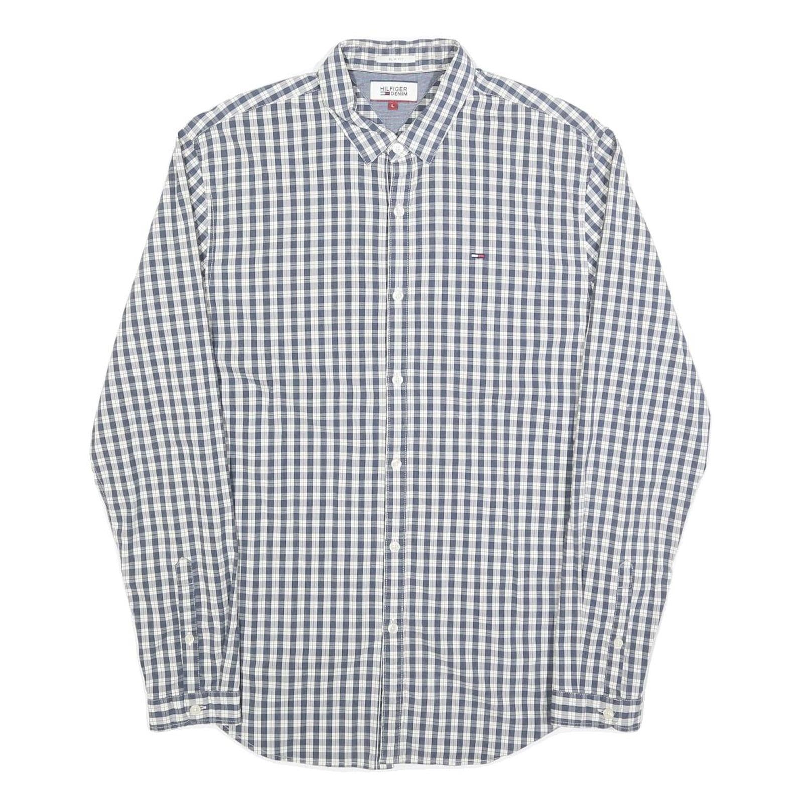 TOMMY HILFIGER Mens Blue & White Check Shirt L Classic Cotton Blend Casual