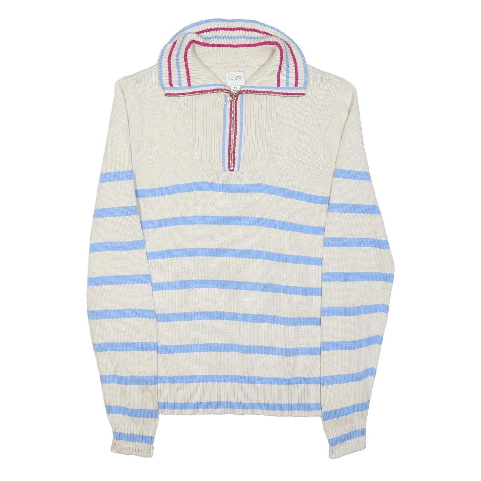 J.CREW Womens Cream & Blue Striped Plain Half Zip Crew Neck Basic Knit XS Zip
