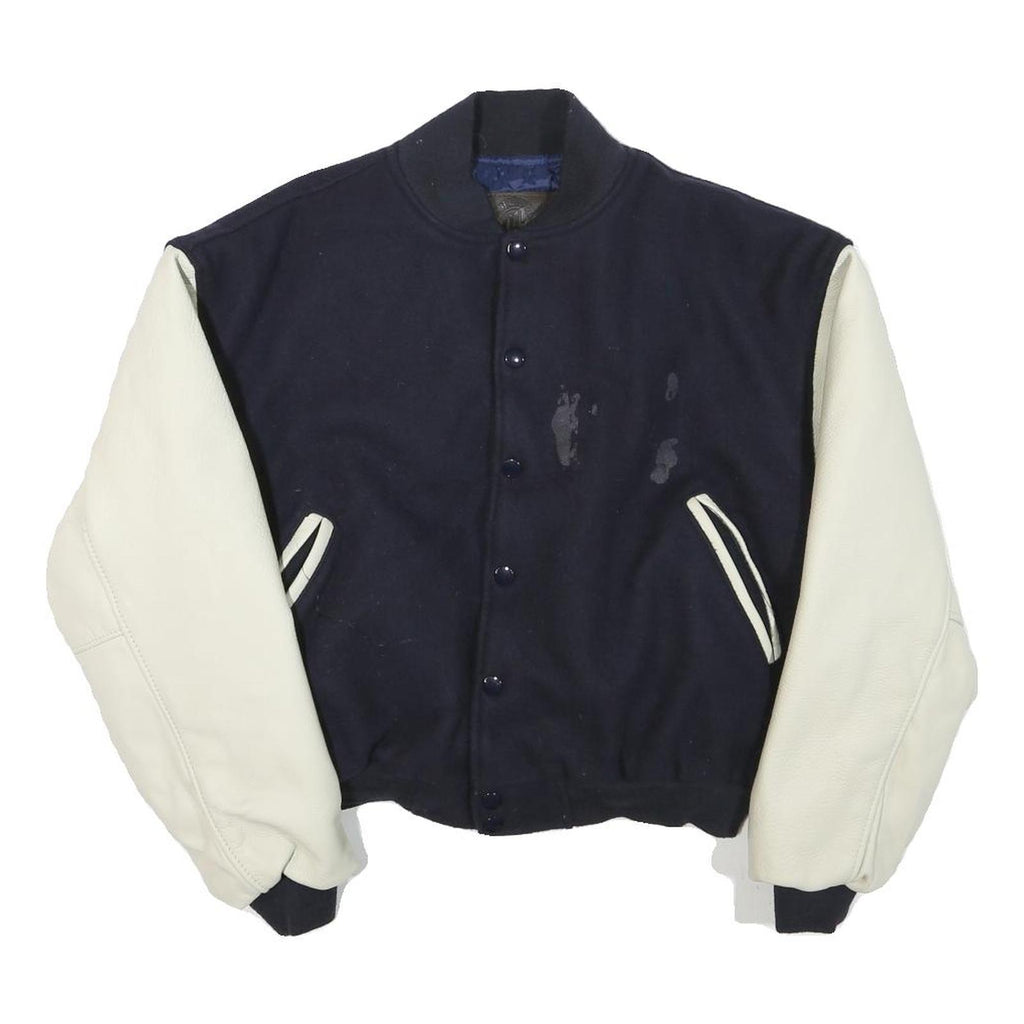 Mens Navy Blue & Cream Wool Blend Button Jacket XS Classic Bomber Style