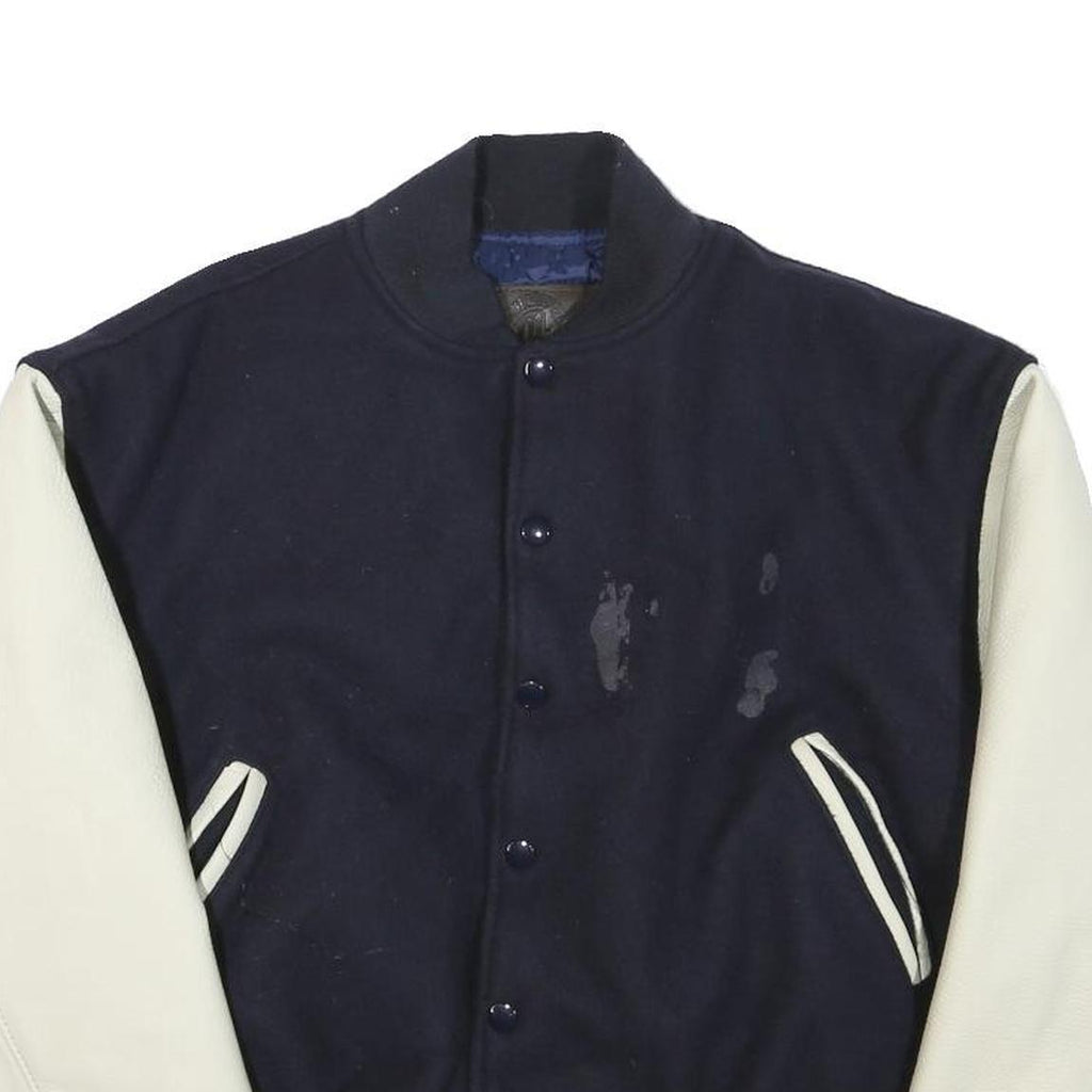 Mens Navy Blue & Cream Wool Blend Button Jacket XS Classic Bomber Style