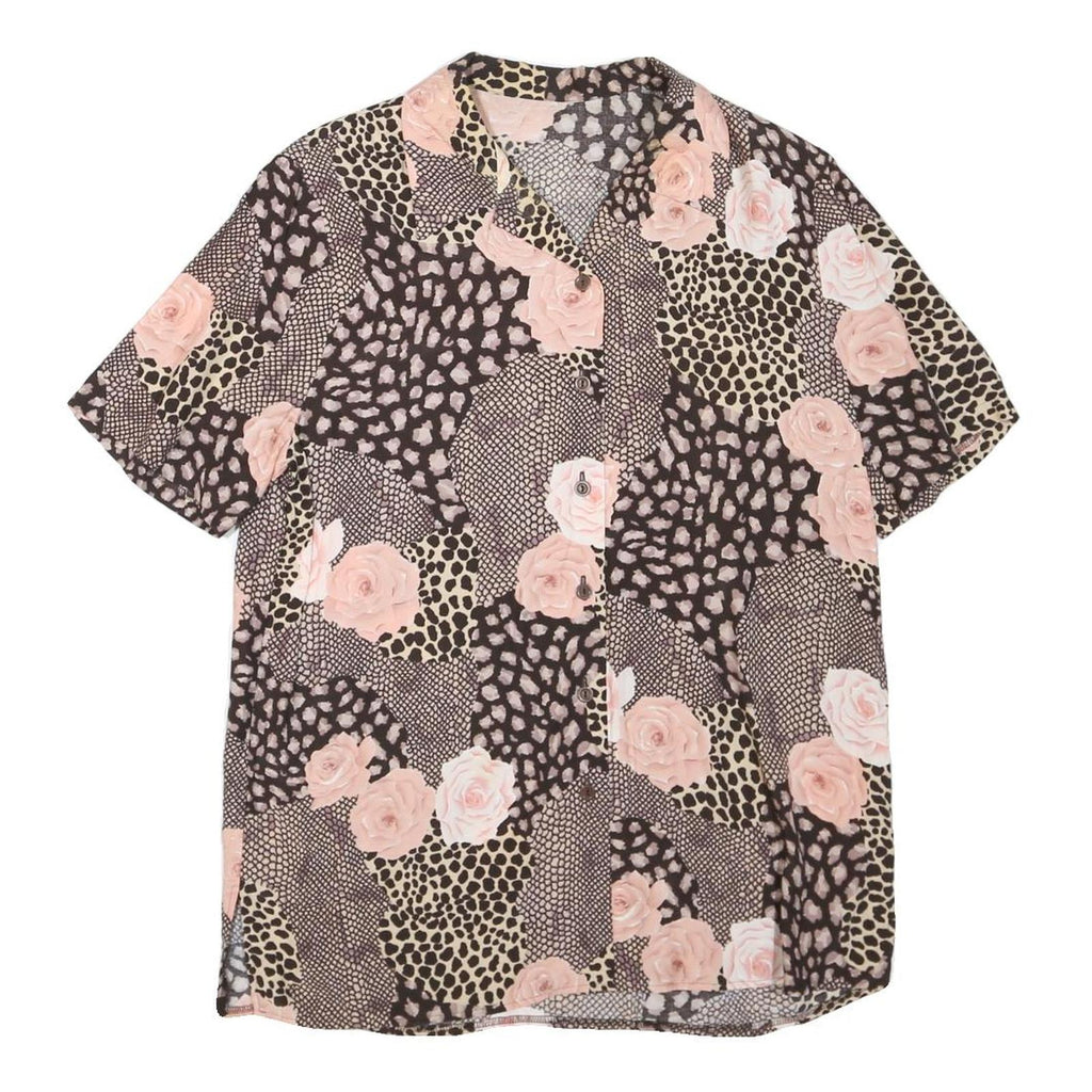 Womens Beige & Pink Printed Short Sleeve Button Neck Polyester Blend Top L