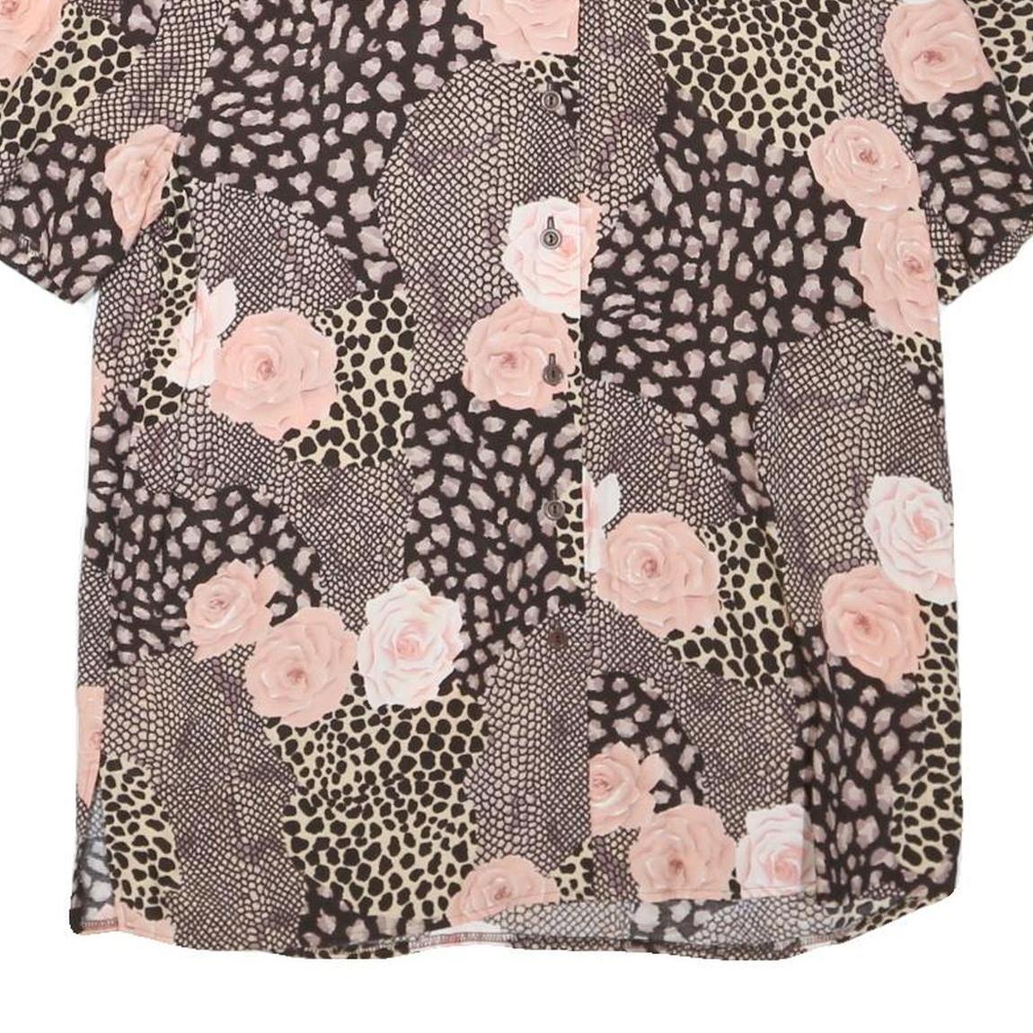 Womens Beige & Pink Printed Short Sleeve Button Neck Polyester Blend Top L