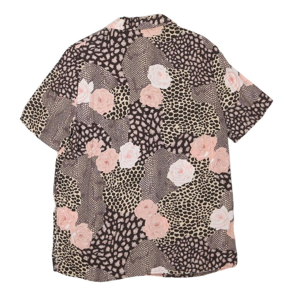 Womens Beige & Pink Printed Short Sleeve Button Neck Polyester Blend Top L
