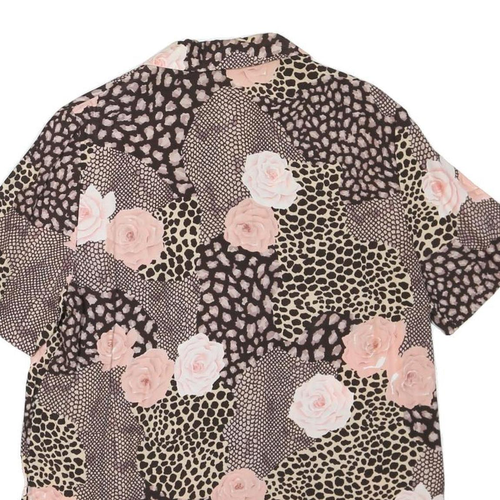 Womens Beige & Pink Printed Short Sleeve Button Neck Polyester Blend Top L