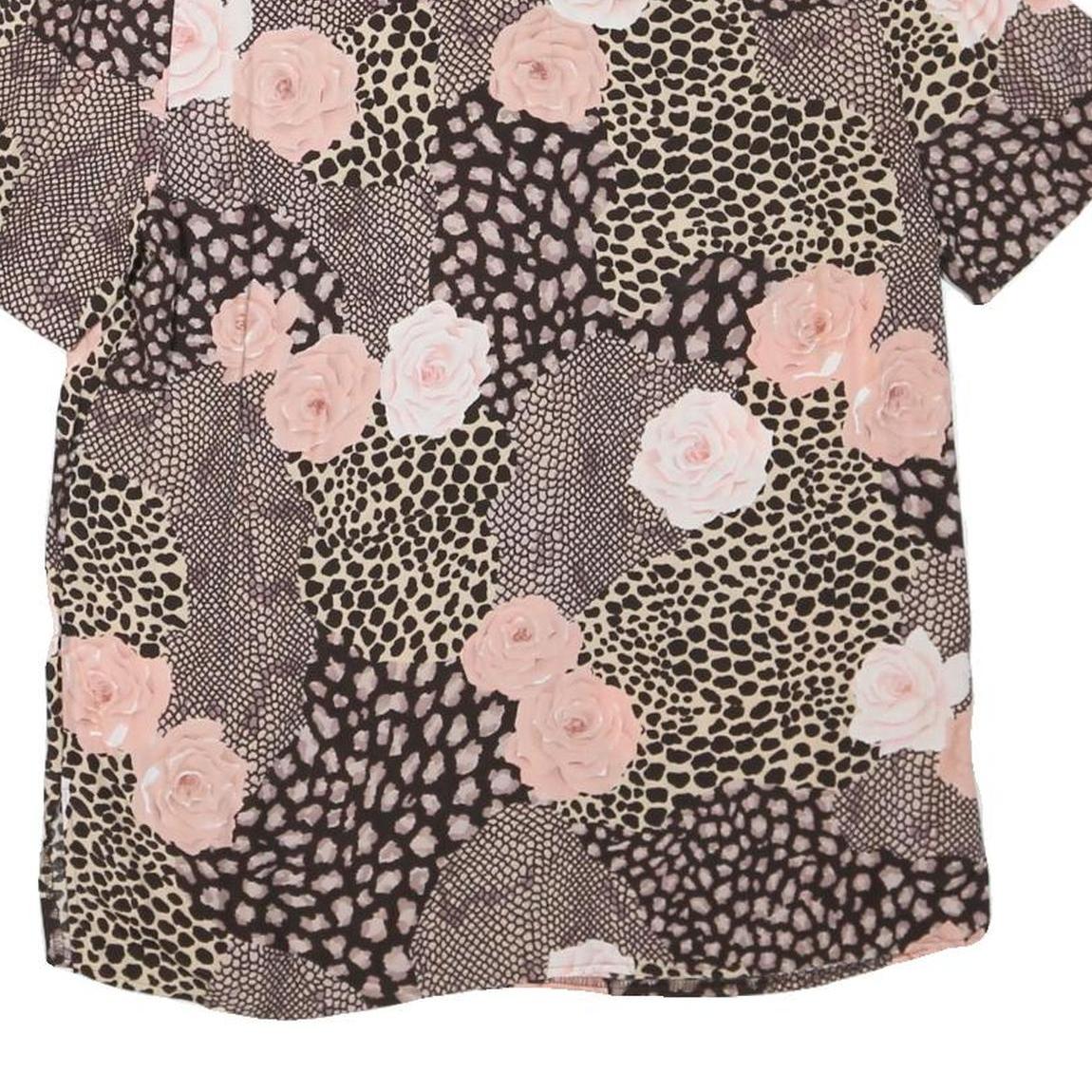 Womens Beige & Pink Printed Short Sleeve Button Neck Polyester Blend Top L