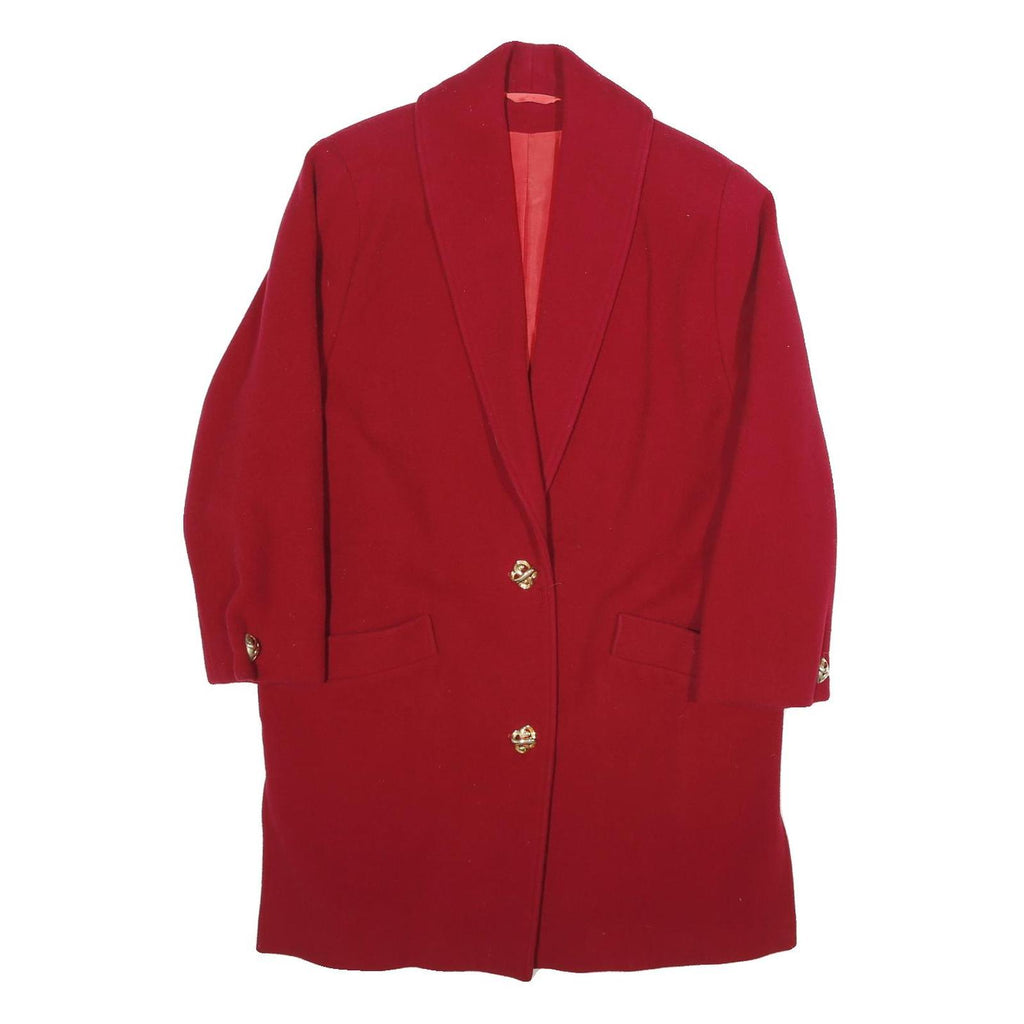 Womens Red Wool Blend Button Jacket M Plain Classic Fit Long Sleeve