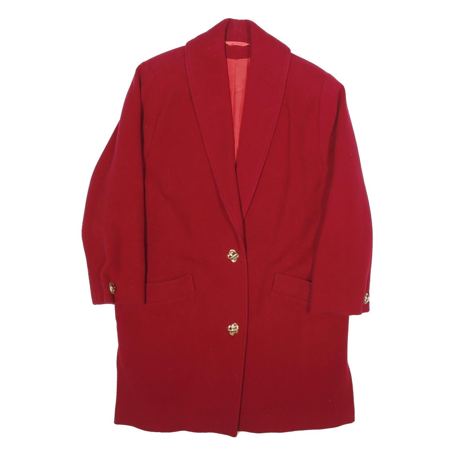 Womens Red Wool Blend Button Jacket M Plain Classic Fit Long Sleeve