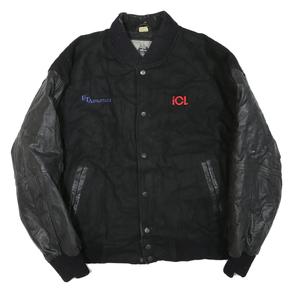 Mens Black Wool Blend Button Jacket L Leather Sleeve Plain Classic