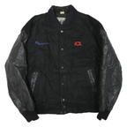 Mens Black Wool Blend Button Jacket L Leather Sleeve Plain Classic