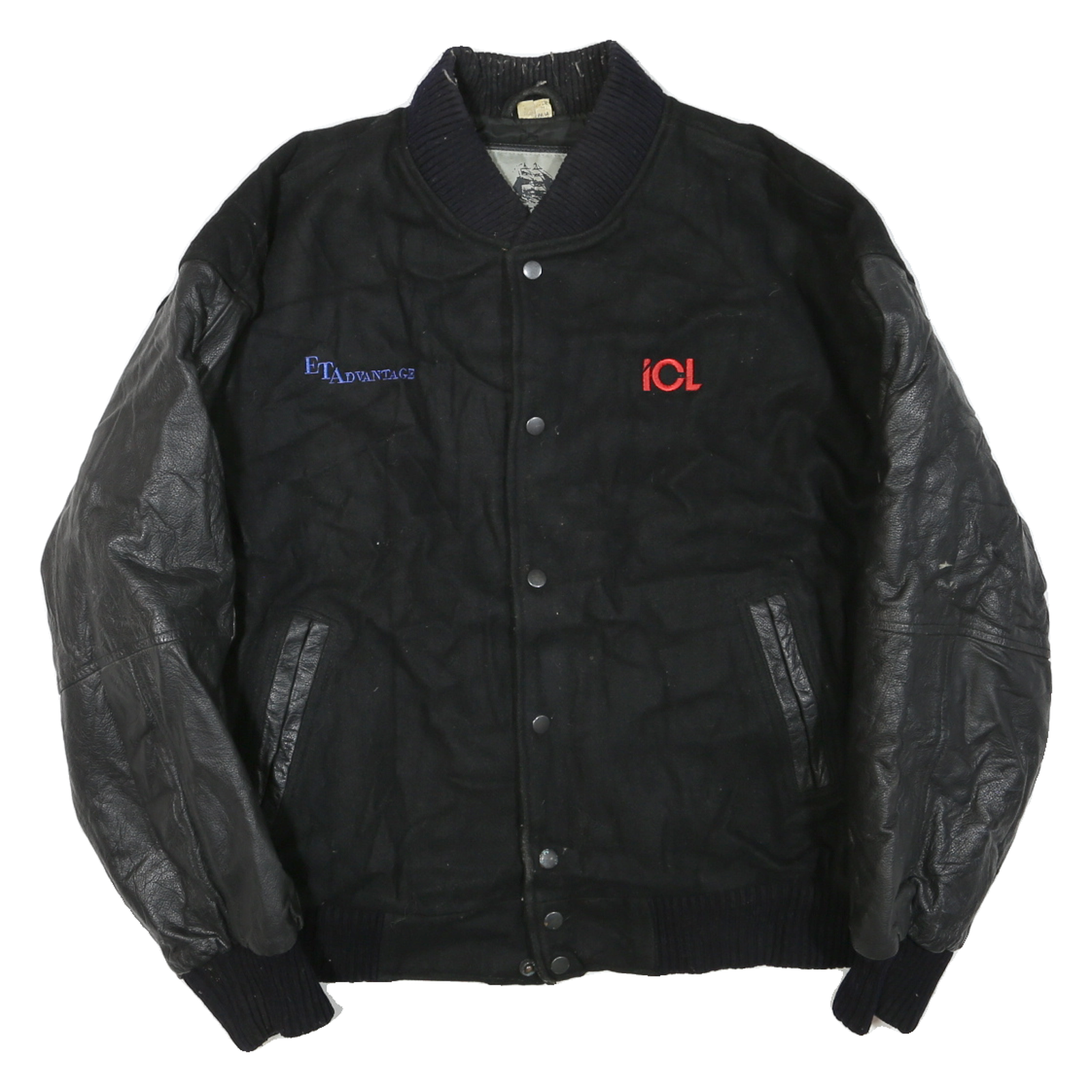 Mens Black Wool Blend Button Jacket L Leather Sleeve Plain Classic