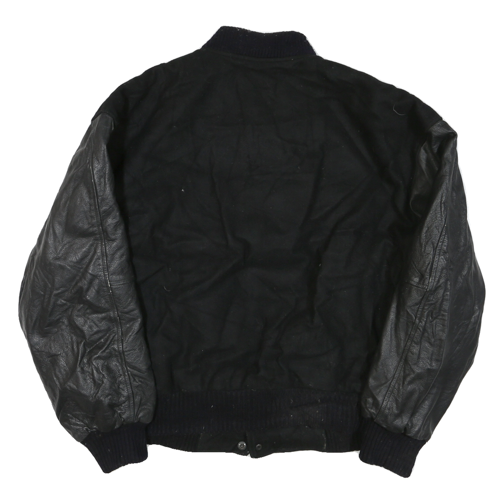 Mens Black Wool Blend Button Jacket L Leather Sleeve Plain Classic