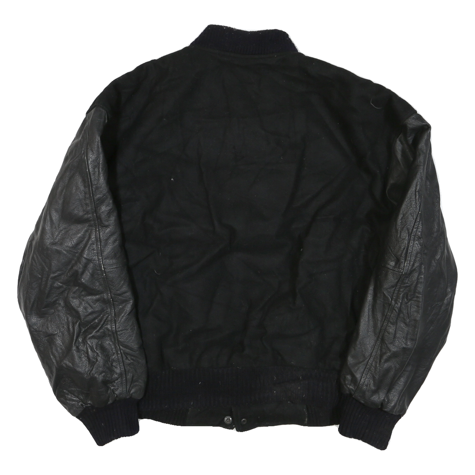 Mens Black Wool Blend Button Jacket L Leather Sleeve Plain Classic