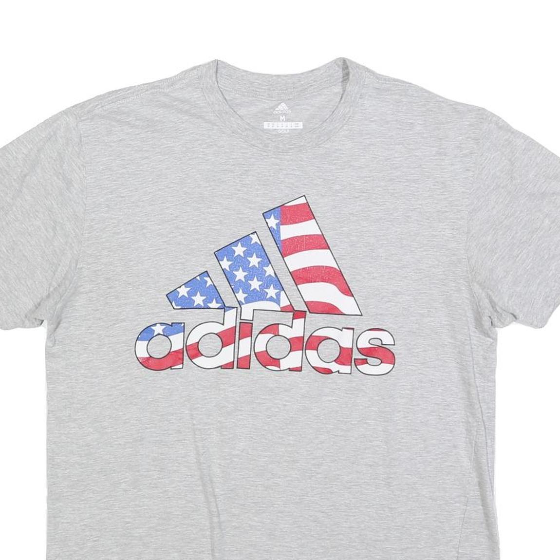 ADIDAS Mens Grey Cotton Blend T-Shirt M Short Sleeve Crew Neck Flag Logo Graphic