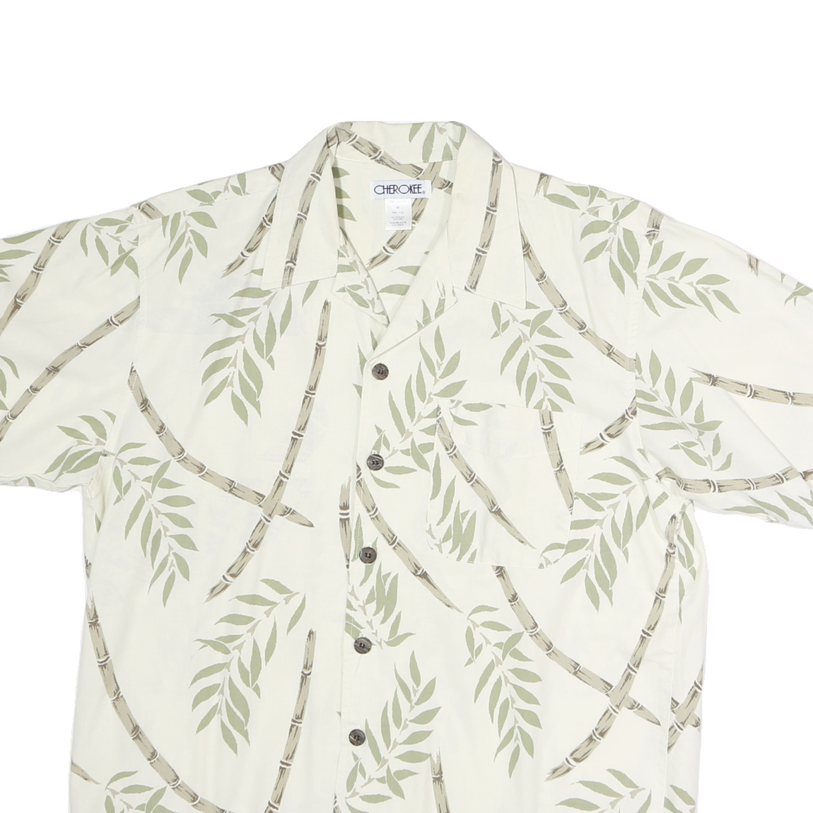 CHEROKEE Mens Cream & Green Printed Cotton Shirt M Casual Summer Short Sleeve