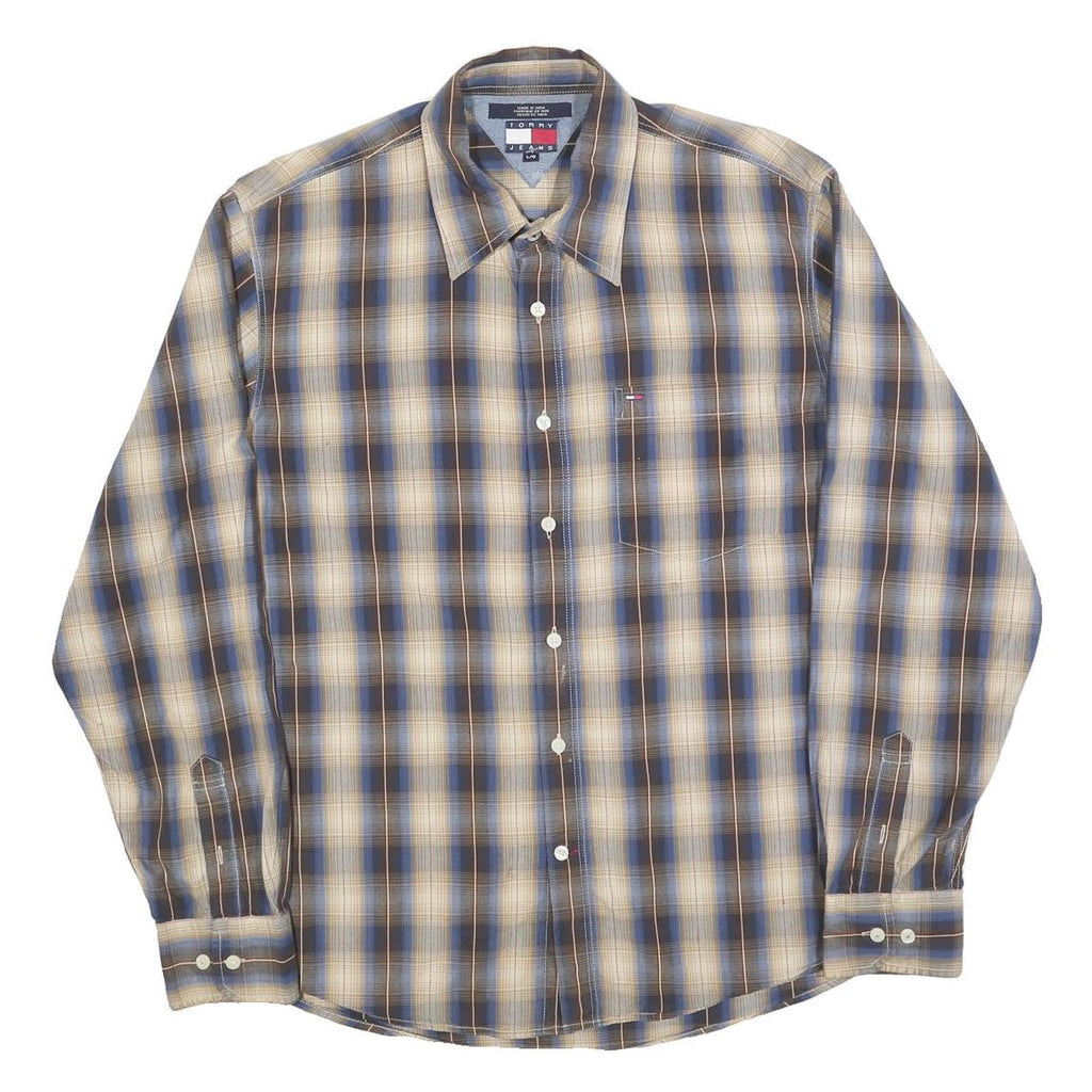 TOMMY JEANS Mens Blue Beige Check Shirt L Long Sleeve Cotton Blend Casual Shirt
