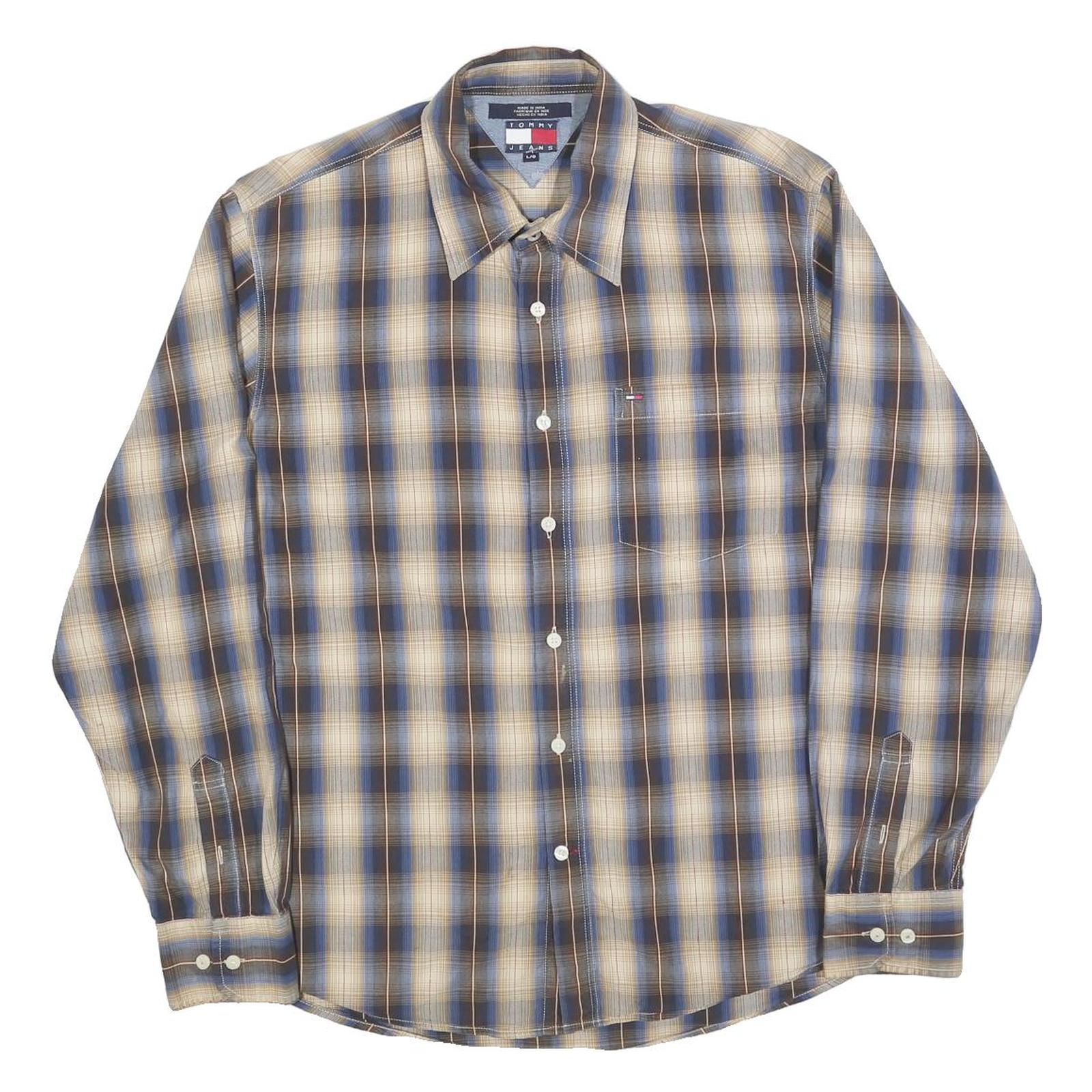 TOMMY JEANS Mens Blue Beige Check Shirt L Long Sleeve Cotton Blend Casual Shirt