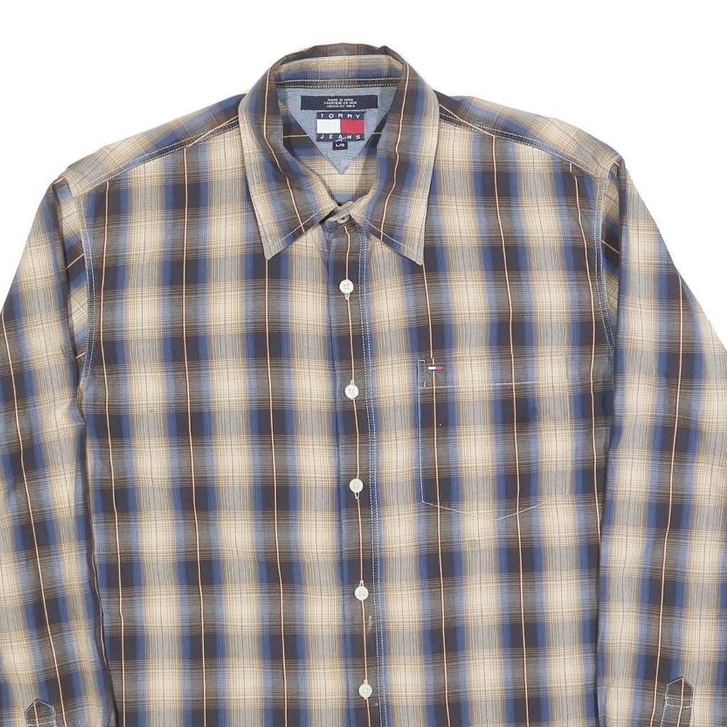TOMMY JEANS Mens Blue Beige Check Shirt L Long Sleeve Cotton Blend Casual Shirt