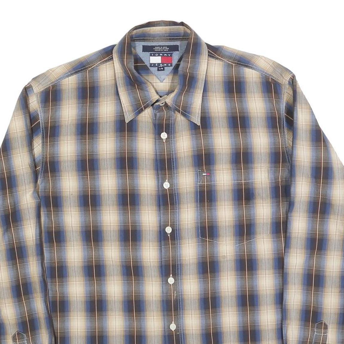 TOMMY JEANS Mens Blue Beige Check Shirt L Long Sleeve Cotton Blend Casual Shirt