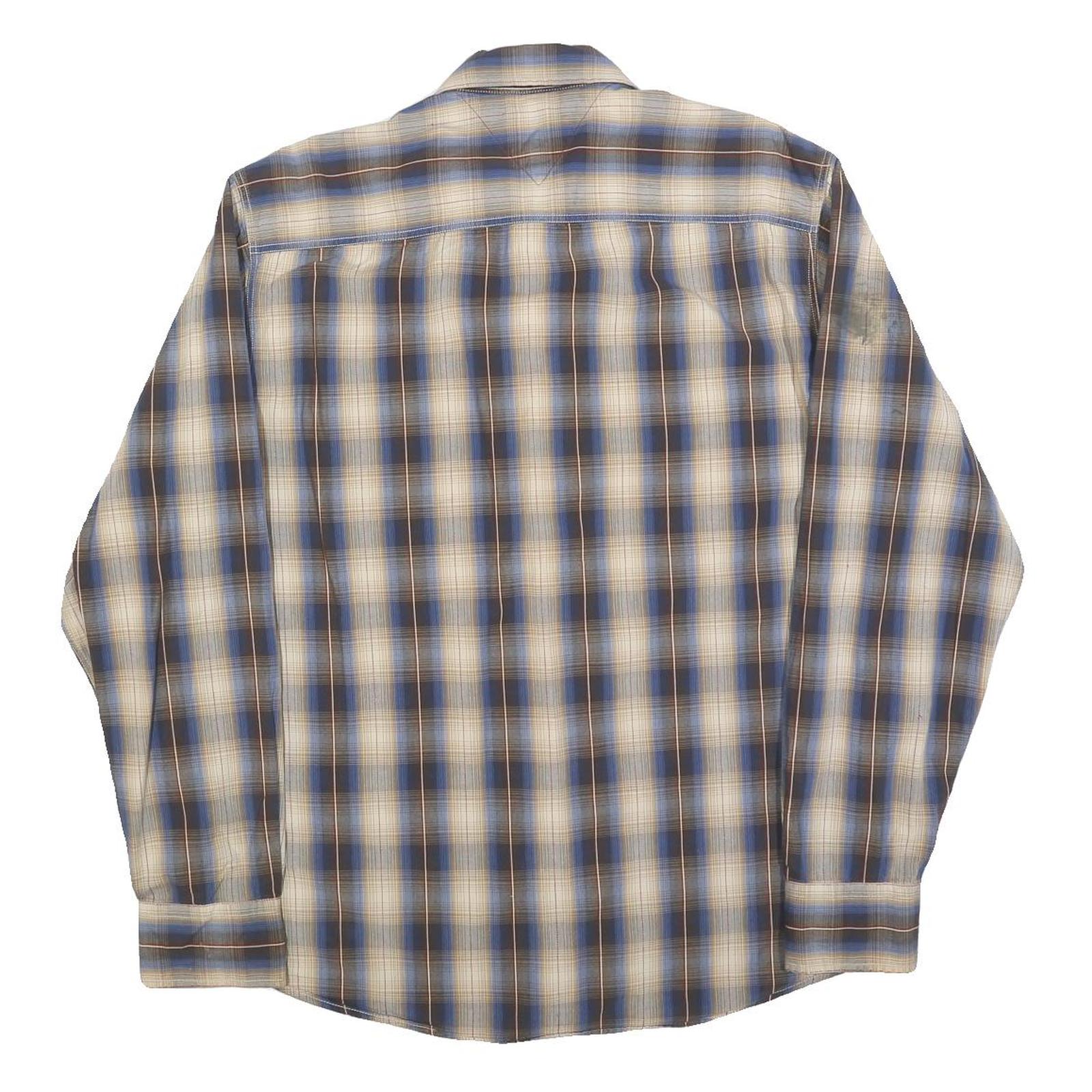 TOMMY JEANS Mens Blue Beige Check Shirt L Long Sleeve Cotton Blend Casual Shirt