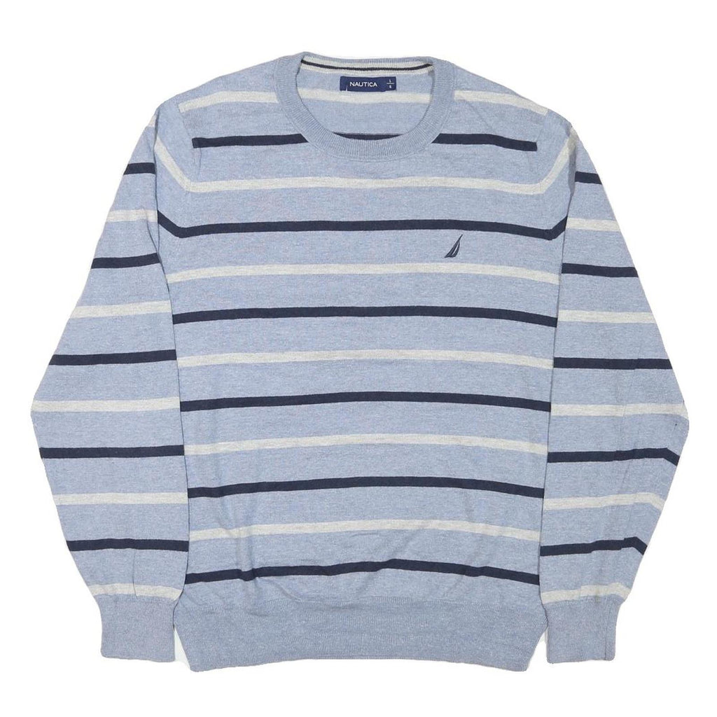 NAUTICA Mens Blue Cream Striped Pattern Jumper Crew Neck Basic Knit L Cotton