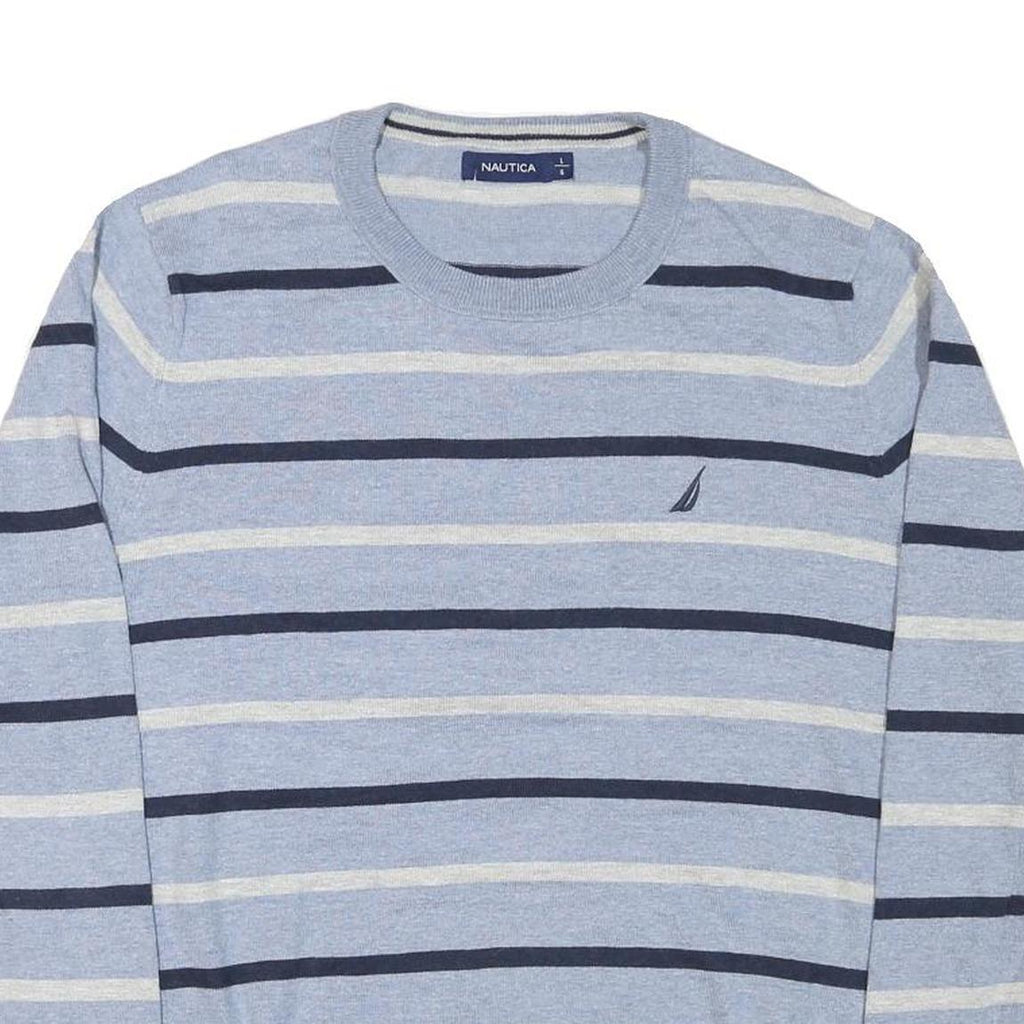 NAUTICA Mens Blue Cream Striped Pattern Jumper Crew Neck Basic Knit L Cotton
