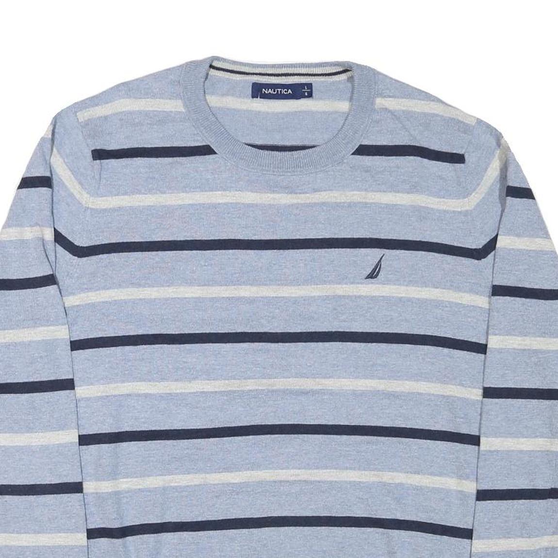 NAUTICA Mens Blue Cream Striped Pattern Jumper Crew Neck Basic Knit L Cotton