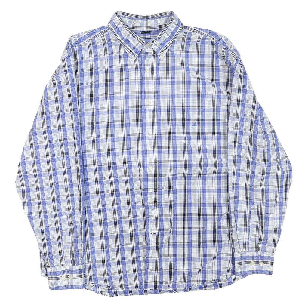 NAUTICA Mens Blue White Check Shirt XL Cotton Blend Long Sleeve Button Front