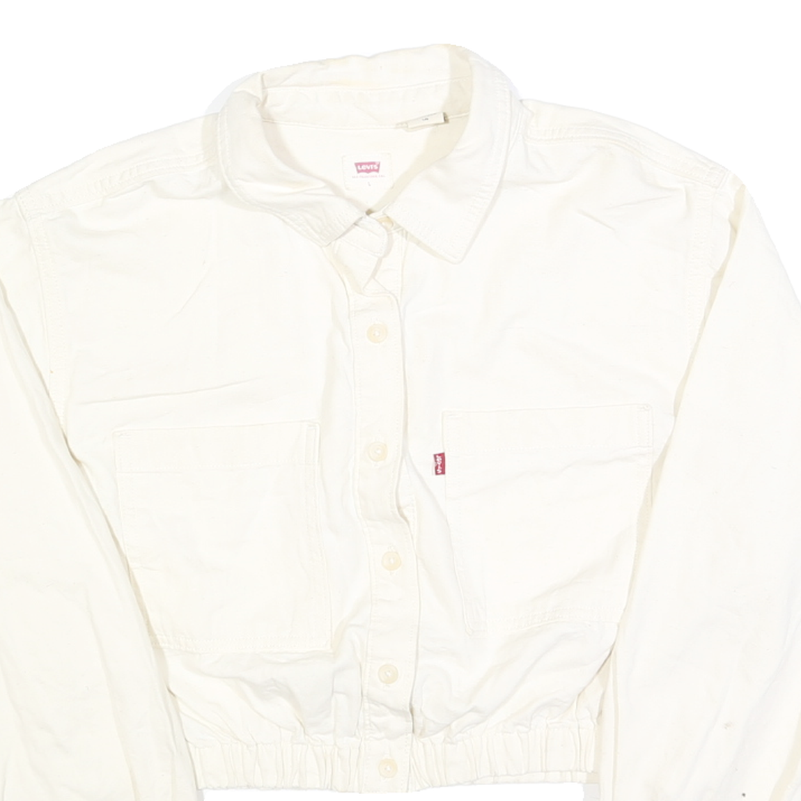 LEVI'S Womens White Cotton Cropped Button Jacket L Plain Long Sleeve Casual