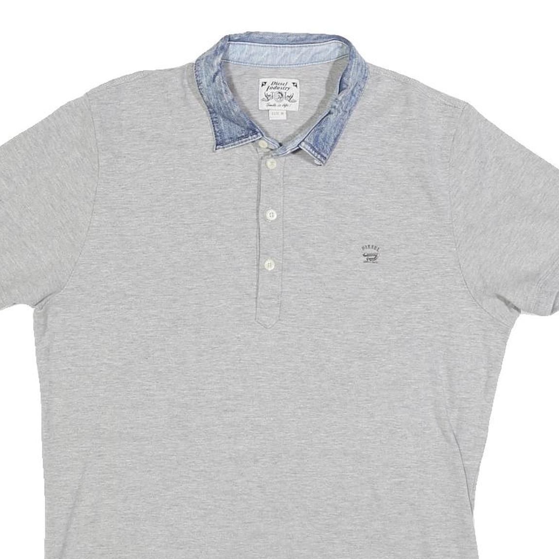 DIESEL Mens Grey & Blue Denim Collar Cotton Blend Short Sleeve Polo Shirt M