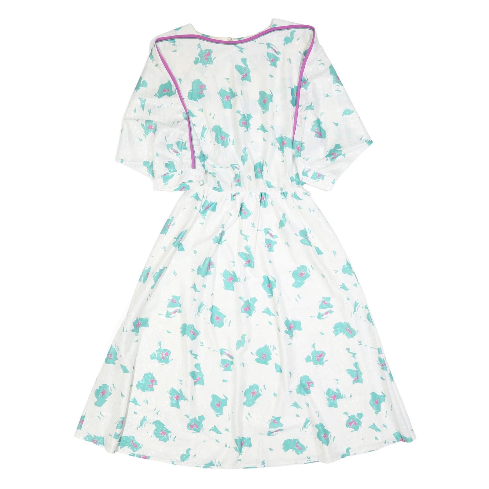 Womens White & Turquoise Floral Day Polyester Dress UK 10 Elastic Waist Midi