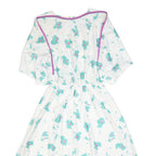 Womens White & Turquoise Floral Day Polyester Dress UK 10 Elastic Waist Midi