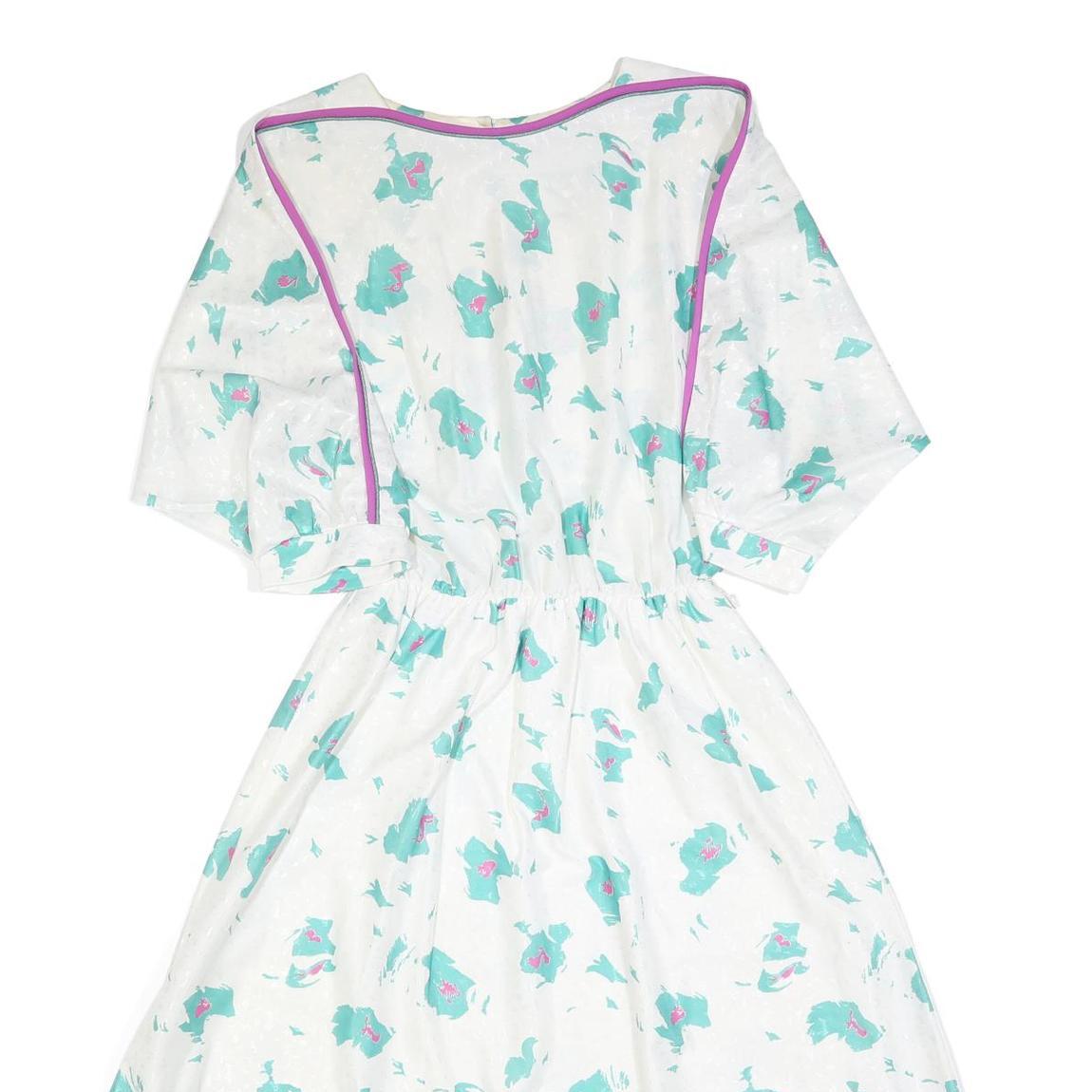 Womens White & Turquoise Floral Day Polyester Dress UK 10 Elastic Waist Midi