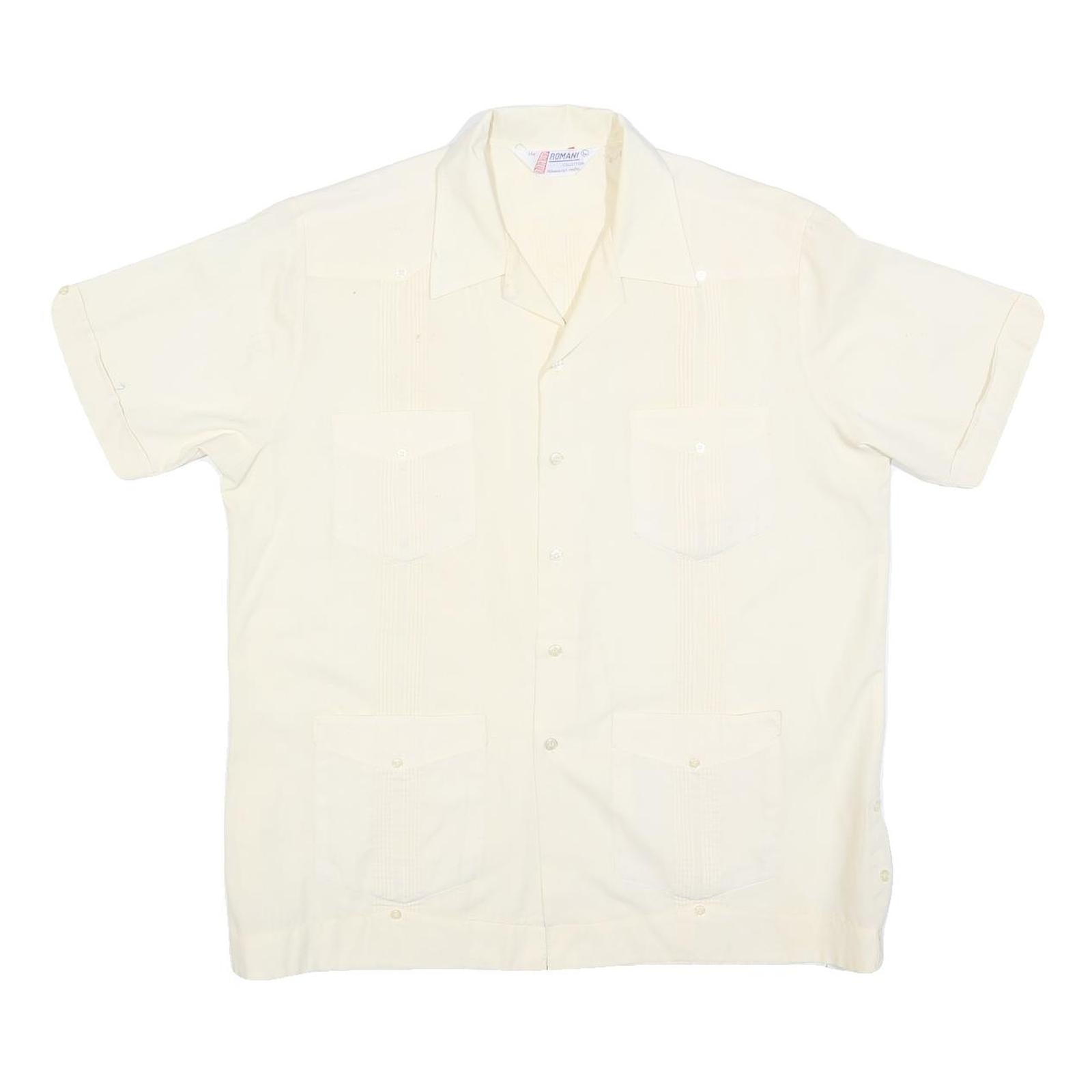 ROMANI Mens Cream & Cotton Blend Shirt L Short Sleeve Button Closure Pockets
