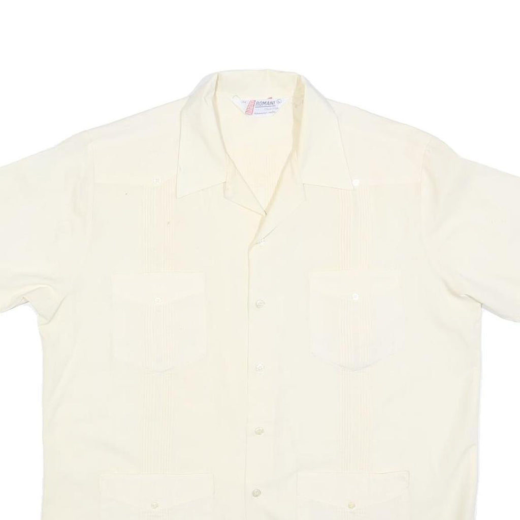 ROMANI Mens Cream & Cotton Blend Shirt L Short Sleeve Button Closure Pockets