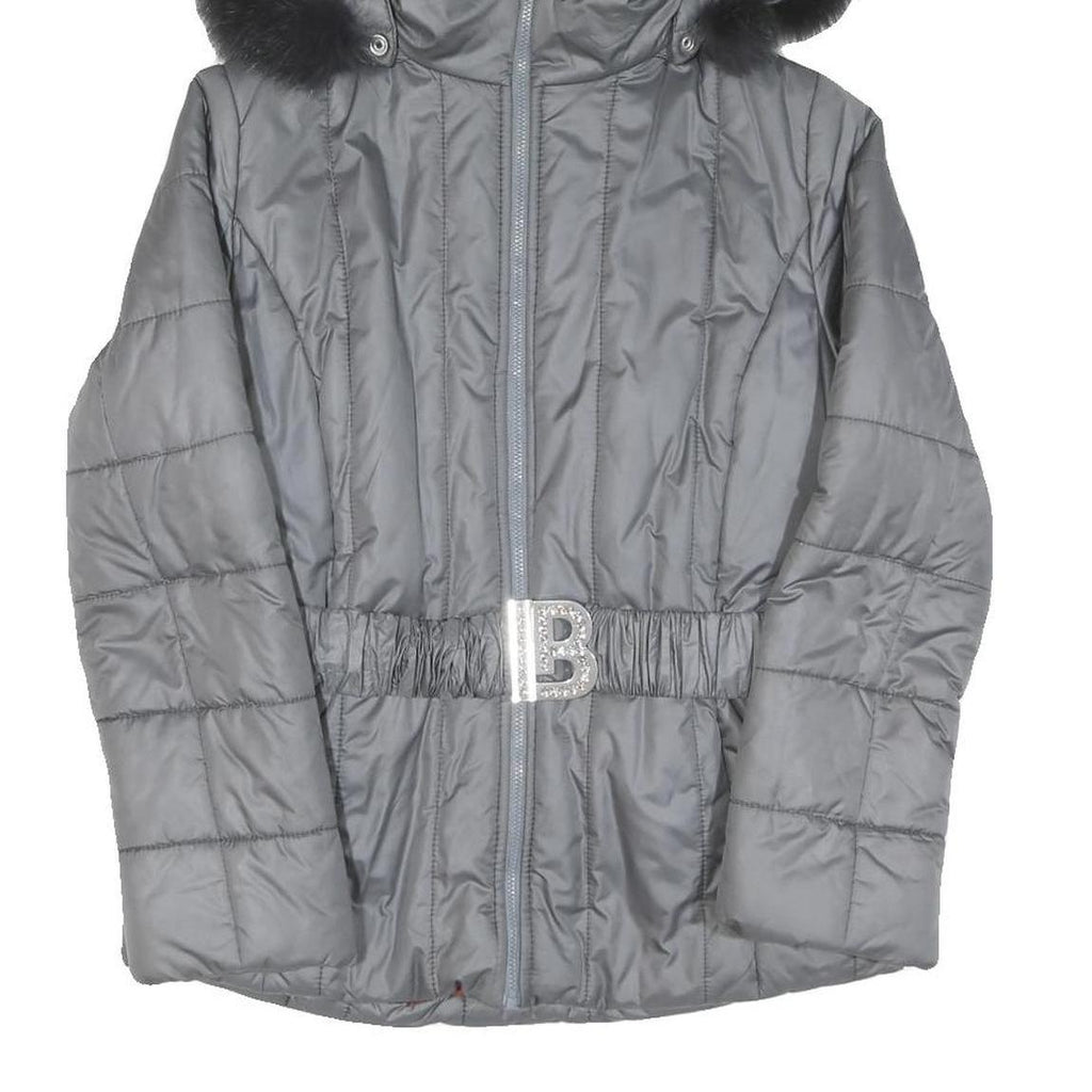 Womens Grey Quilted Jacket S Polyester Blend Hooded Zip Belted Fashion