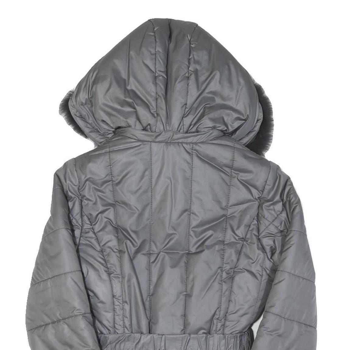 Womens Grey Quilted Jacket S Polyester Blend Hooded Zip Belted Fashion