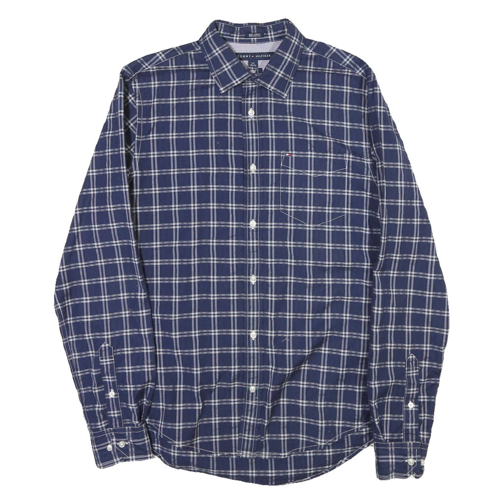 TOMMY HILFIGER Mens Blue Check Shirt S Long Sleeve Cotton Blend Classic Fit