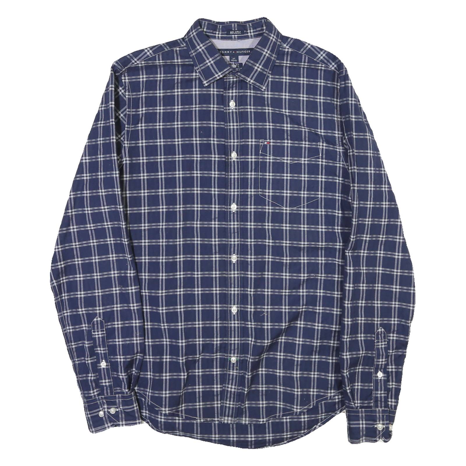 TOMMY HILFIGER Mens Blue Check Shirt S Long Sleeve Cotton Blend Classic Fit